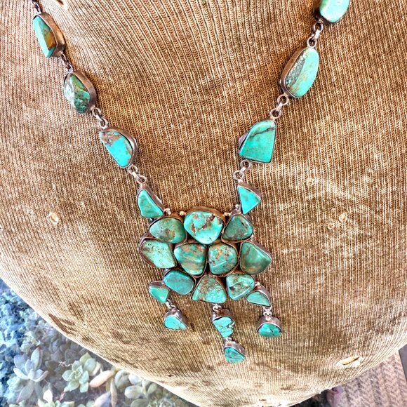 Huge Chunky Sterling Silver & Turquoise Cluster Necklace - Picture 5 of 6